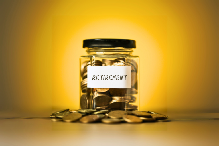 Retirement savings represented by a jar of coins with label